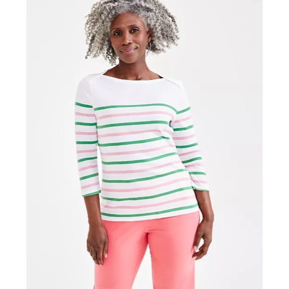 Style & Co Petite Nautical Stripe Boat-Neck Cotton Top Size Large